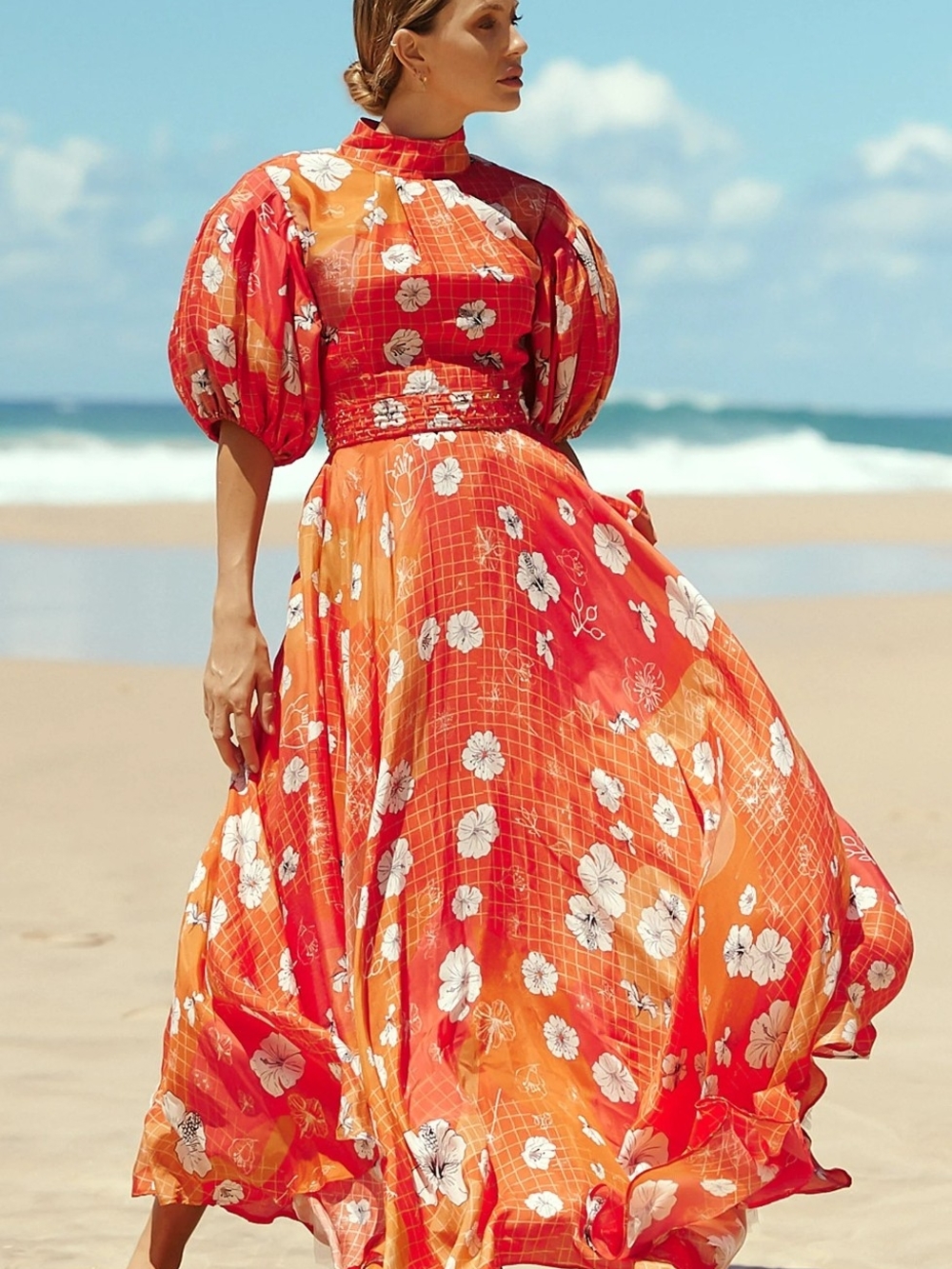 High Neck Hibiscus Print Puff Sleeve Dress
